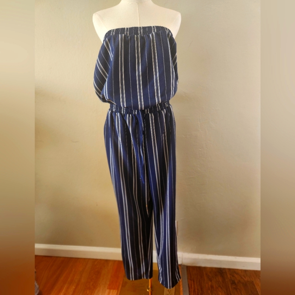 Cisono Strapless Jumpsuit Navy Striped Womens L